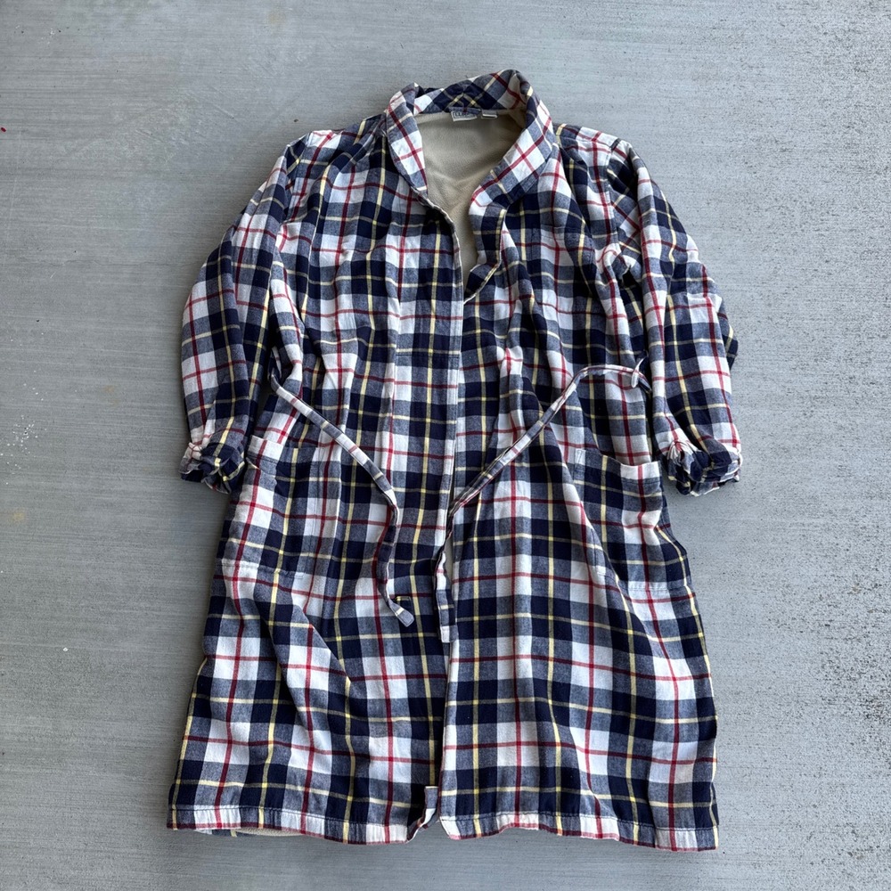 L.L. Bean Robe Mens Medium Multicolor Plaid Flannel Sherpa Lined Belted Lounge